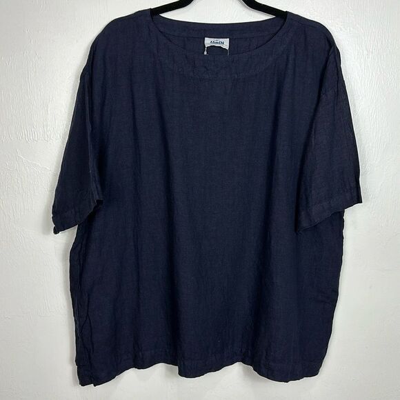 ARMEN Linen Overdyed Boat Neck Pullover Shirt in Midnight Size 4/6 - Picture 3 of 9